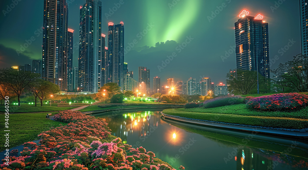 Aufkleber the colorful aurora over the modern buildings of the city skyline could be seen at night. figured wi