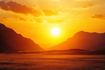 Naklejka premium Epic sunset landscape sky with big bright sun going behind the mountains in Egypt , ai