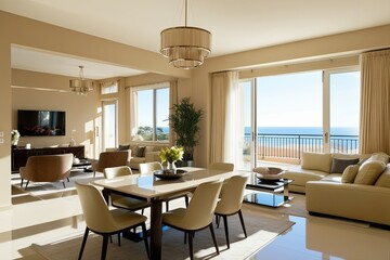 Fototapeta premium Sunlit Glossy Beige Living Room Featuring Modern Dining Table and Cozy Relaxation Area