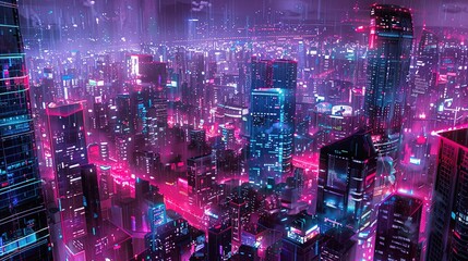 Future city landscape: neon lights and glowing holographic ads create a cyberpunk vibe, captured with a wide-angle lens and cool tones for a mysterious atmosphere