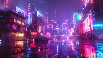 Future city landscape: neon lights and glowing holographic ads create a cyberpunk vibe, captured with a wide-angle lens and cool tones for a mysterious atmosphere