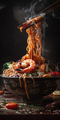 seafood noodles with shrimp and clams suspended in mid-air, captured in a stunning dark food photography shot with a smoky background, showcasing a dynamic and artistic presentation of gourmet Asian