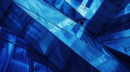 Futuristic vibrancy: abstract architectural scene with geometric shapes and angles, captured at dusk with a macro lens, emitting a mysterious aura of dynamic city lights