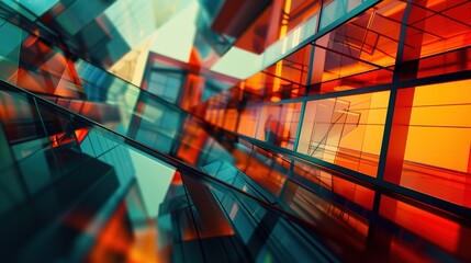 Futuristic vibrancy: abstract architectural scene with geometric shapes and angles, captured at dusk with a macro lens, emitting a mysterious aura of dynamic city lights