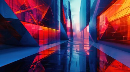 Futuristic vibrancy: abstract architectural scene with geometric shapes and angles, captured at dusk with a macro lens, emitting a mysterious aura of dynamic city lights