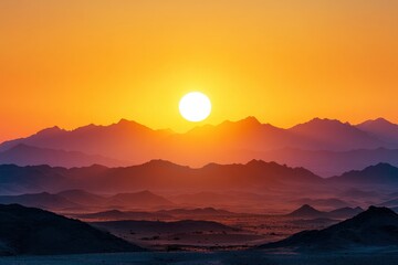 Fototapeta premium Epic sunset landscape sky with big bright sun going behind the mountains in Egypt , ai