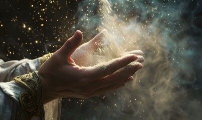 Fototapeta premium Praying hands with faith in religion and belief in God on blessing background. Power of hope or love and devotion. Magic powder floating on the magician hand. 
