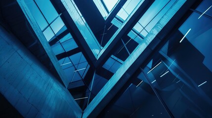 Futuristic vibrancy: abstract architectural scene with geometric shapes and angles, captured at dusk with a macro lens, emitting a mysterious aura of dynamic city lights