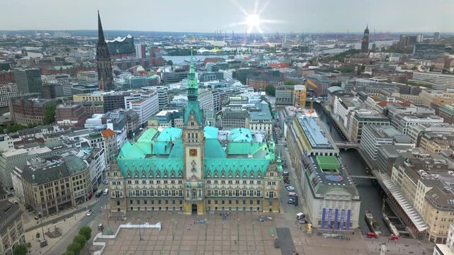 Hamburg skyline aerial city Germany fly over city hall Townhall Hamburg town hal in front, City Hall Marketplace, hamburg sunrise footage in 4k.
