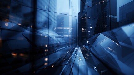 Futuristic vibrancy: abstract architectural scene with geometric shapes and angles, captured at dusk with a macro lens, emitting a mysterious aura of dynamic city lights
