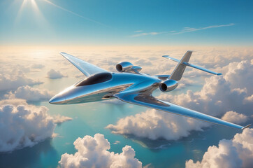 futuristic chrome plane flaying in the sky 