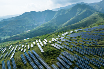 Fototapeta premium view of solar power station on green hill