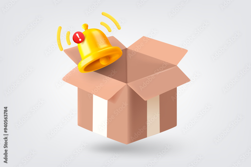 Aufkleber open package box with notification bell. 3d vector illustration