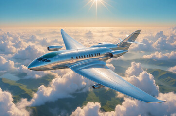 futuristic chrome plane flaying in the sky 