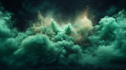 massive explosion, with green color dust and debris billowing into the air against a pitch-black background