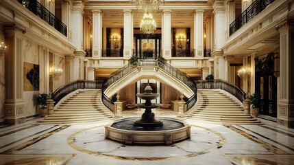 Obraz premium Grand Staircase and Fountain in a Luxurious Mansion
