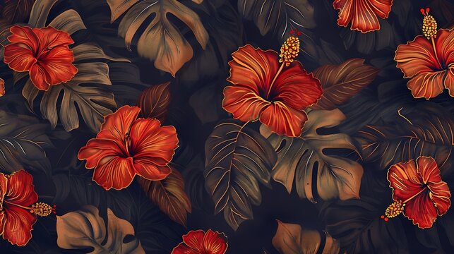 Bronze hibiscus repeating pattern flat on a dark