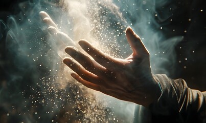 Fototapeta premium Praying hands with faith in religion and belief in God on blessing background. Power of hope or love and devotion. Magic powder floating on the magician hand. 