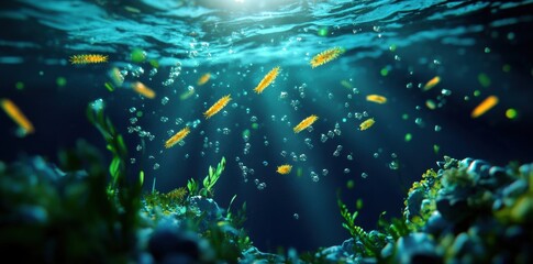 Fototapeta premium A conceptual representation of plankton as the keystone in a complex food chain, illustrating the distribution of biomass throughout the aquatic ecosystem.