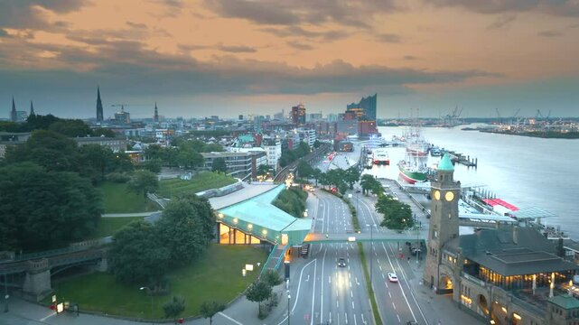Drone shot of St. Pauli Piers ( St. Pauli Landungsbr&uuml;cken ) , Port Of Hamburg , Germany 