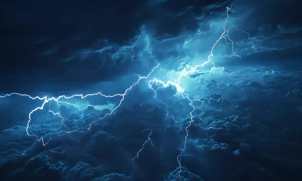 Intense lightning streaks across a stormy blue sky