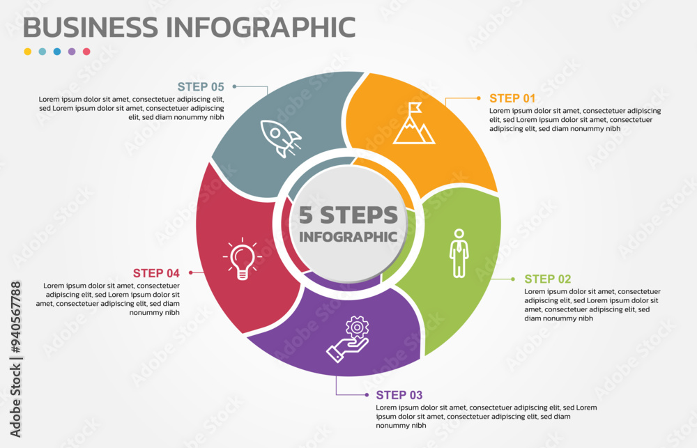 Fototapete Visual data presentation. Cycle diagram with 5 options. Pie Chart Circle infographic template with 5 steps, options, parts, segments. Business concept. Editable pie chart with sectors. Single layer.