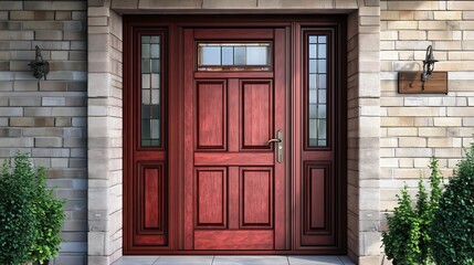 Obraz premium A front view red wooden entrance door of a private house, mansion. Entrance door ideas