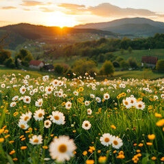 Obraz premium Summer landscape in the mountains. A green meadow in the glorious evening sunlight.