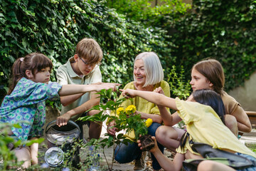 Young kids taking care of plants in school garden during at outdoor sustainable education class, planting flowers, herbs and vegetables. Concept of experiential learning and ecoliteracy.