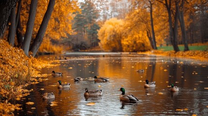 Wild duck pond in a park in autumn in Russia.