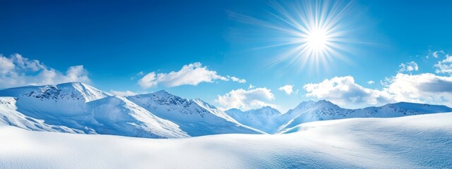  The sun shining brightly, snow-capped mountains distance,.Snowy range; foreground, mountains in pristine capsence