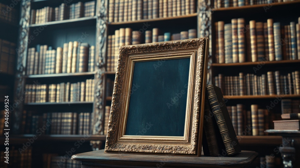 Poster Ornate Gold Frame Against a Background of Books in a Library