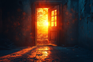 A warm glow illuminates an open door in a dark room, creating a cozy and inviting atmosphere. Suitable for interiors, architecture, and ambiance concepts.