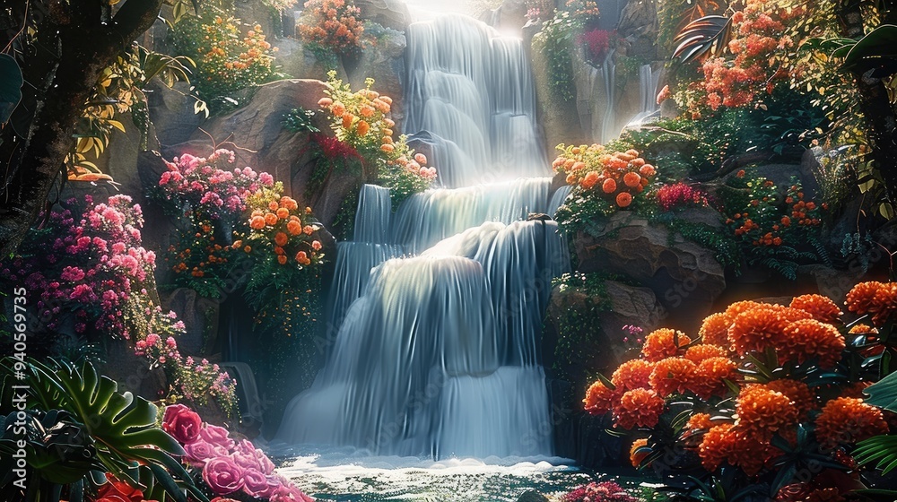Poster a cascading waterfall, with colorful flowers and lush greenery framing the scene, evoking a sense of
