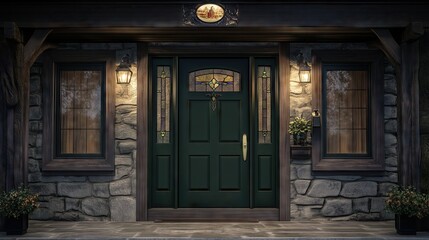 A front view green wooden entrance door of a private house, mansion. Entrance door ideas