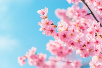 Beautiful and cute pink Kawazu Zakura (cherry blossom) against blue sky, wallpaper background. Tokyo, Japan , ai