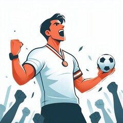 Illustration of a triumphant male soccer player holding a ball with a medal, celebrating victory