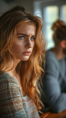 Fototapeta premium Young Woman with Intense Expression in Casual Setting, Natural Lighting, Fashionable, Contemplative, Indoors