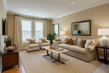 Fototapeta premium Elegant Bright Beige Living Room with Dining Table and Cozy Relaxation Space