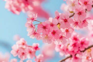 Obraz premium Beautiful and cute pink Kawazu Zakura (cherry blossom) against blue sky, wallpaper background. Tokyo, Japan , ai