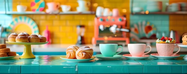 Vintage Inspired Pop Art Coffee Shop Counter with Colorful Pastries and Cups