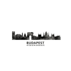 Naklejka premium Budapest panorama, vector badge, skyline logo and icon. Hungary capital city horizon logotype with landmarks and building silhouettes. Isolated foggy abstract gradient graphic