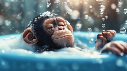 A whimsical chimpanzee in a luxurious bath with playful showers and bubbles.