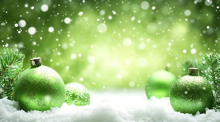 Christmas themed green background with Christmas ornaments and garland