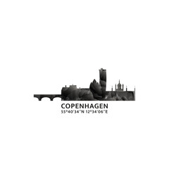 Copenhagen panorama, vector badge, skyline logo and icon. Denmark capital city horizon logotype with landmarks and building silhouettes. Isolated foggy abstract gradient graphic
