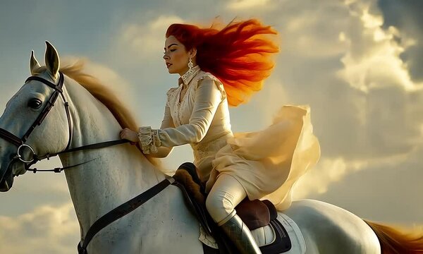 Fiery-haired woman riding white horse at sunset with ai generated.
 