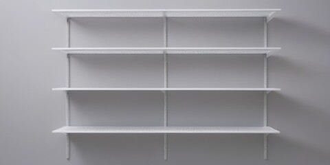 White metal shelving unit mounted gray wall has Mockup of empty