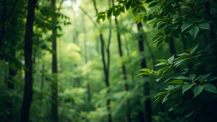 Lush green forest with sunlight filtering through the trees