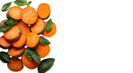 Sweet potato slices and basil leaves, created with Generative AI technology, PNG