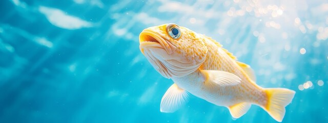Naklejka premium A tight shot of a fish submerged in water, illuminated by a sideways beam of light
